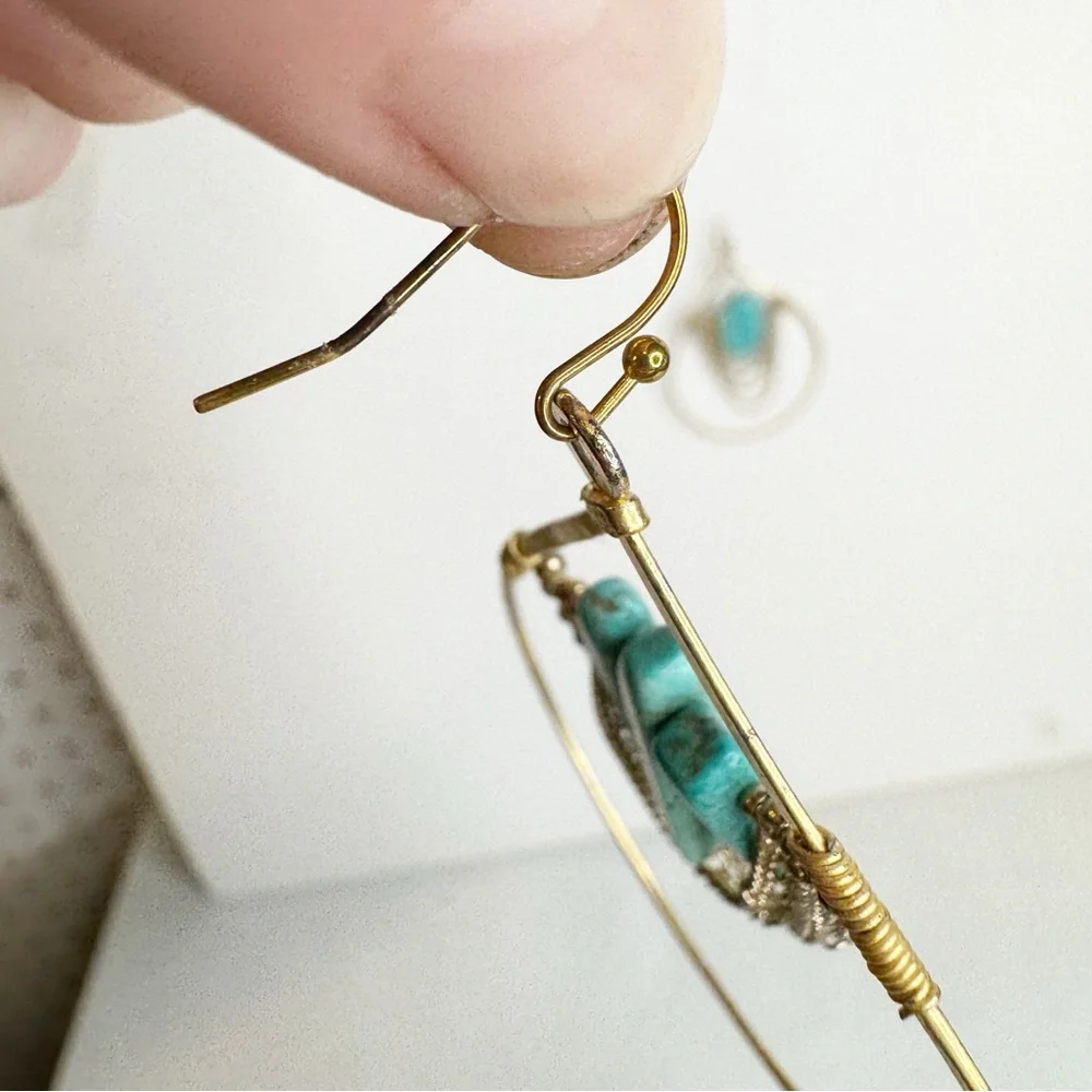 Betsy & Iya | Gold Tone Dangle Earrings w/ Turquoise Stones + Chain Details‎